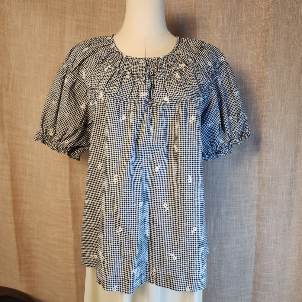 Madewell Linen Gingham Floral Embroidered Puff Sleeve Top Size M Navy Blue White